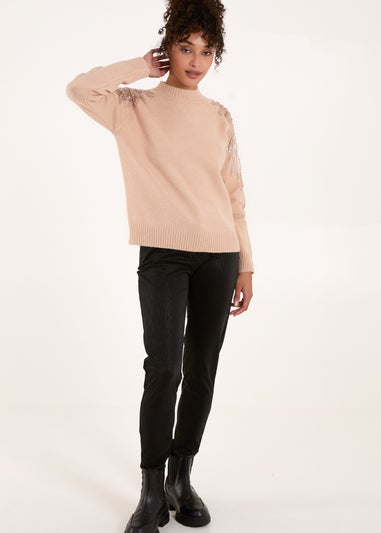 Blue Vanilla Taupe Embroidered Shoulder Knit Jumper