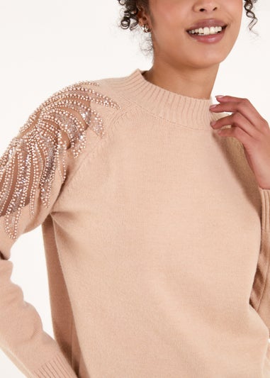 Blue Vanilla Taupe Embroidered Shoulder Knit Jumper