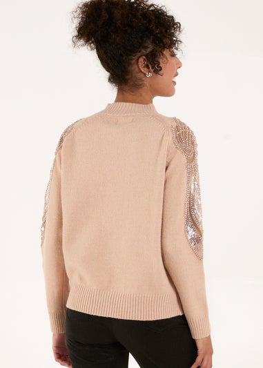 Blue Vanilla Taupe Embroidered Shoulder Knit Jumper