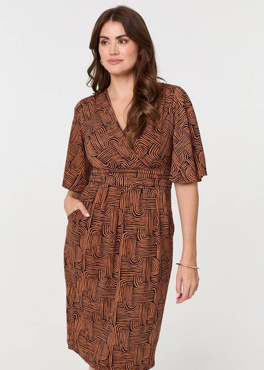 Izabel London Brown Printed Ruched Faux Wrap Knee Length Dress