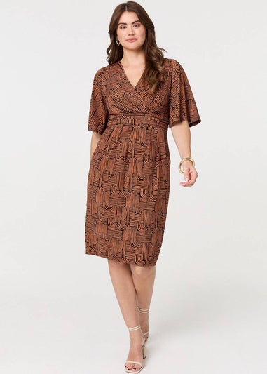 Izabel London Brown Printed Ruched Faux Wrap Knee Length Dress