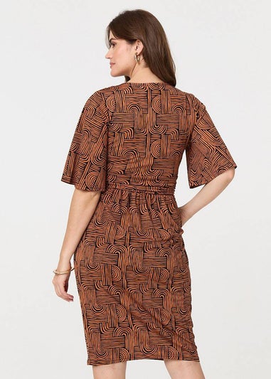 Izabel London Brown Printed Ruched Faux Wrap Knee Length Dress