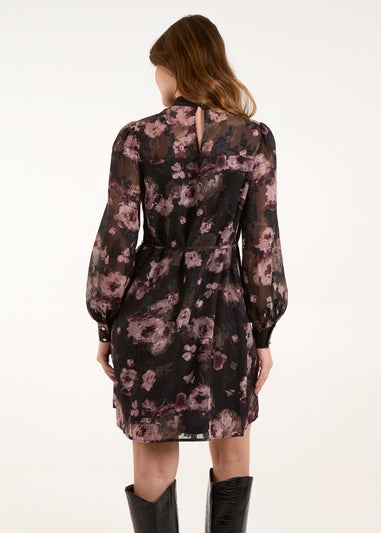 Blue Vanilla Black High Neck Floral Jacquard Dress With Tie Waist