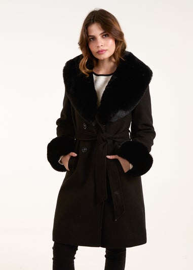 Blue Vanilla Black Faux Fur Belted Coat