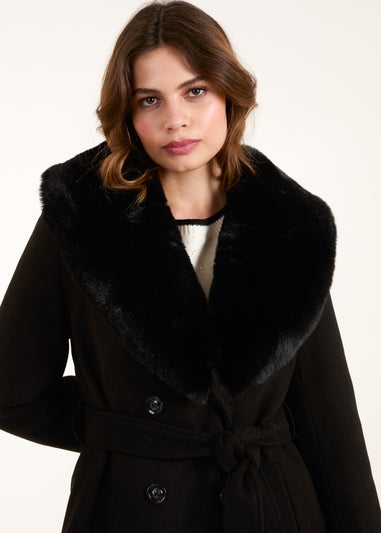 Blue Vanilla Black Faux Fur Belted Coat