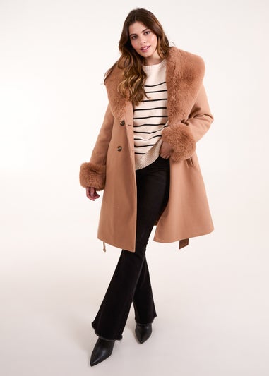 Blue Vanilla Beige Faux Fur Belted Coat