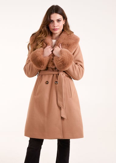 Blue Vanilla Beige Faux Fur Belted Coat