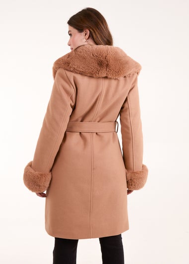 Blue Vanilla Beige Faux Fur Belted Coat