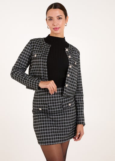 Blue Vanilla Black Collarless Boucle Button Front Jacket