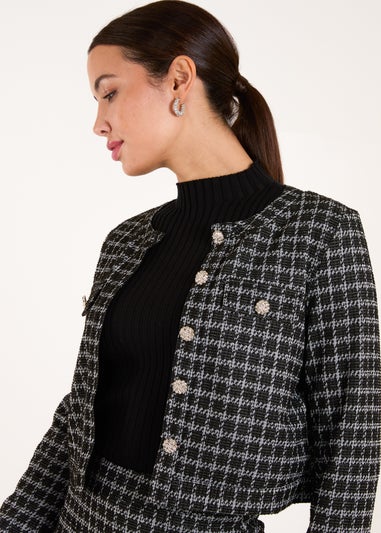 Blue Vanilla Black Collarless Boucle Button Front Jacket