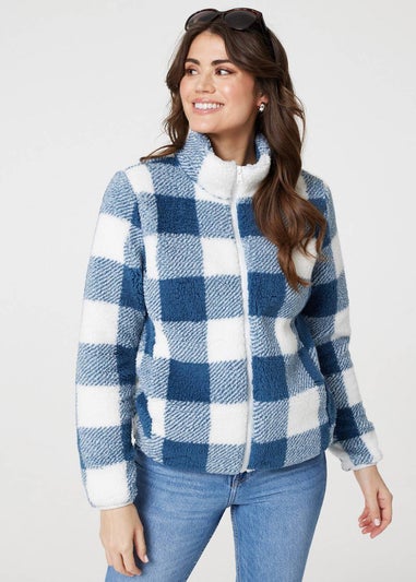 Izabel London Blue Checked Print Teddy Fleece Zip-Up Jacket