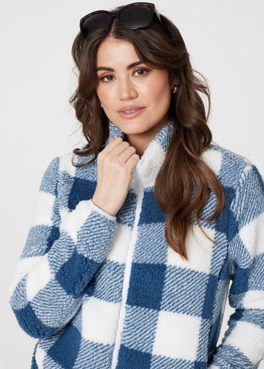 Izabel London Blue Checked Print Teddy Fleece Zip-Up Jacket