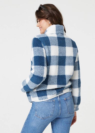 Izabel London Blue Checked Print Teddy Fleece Zip-Up Jacket