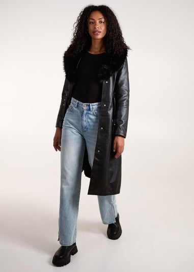 Blue Vanilla Black Faux Fur Longline Coat