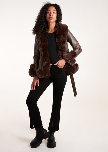 Blue Vanilla Chocolate Faux Fur PU Coat With Belt