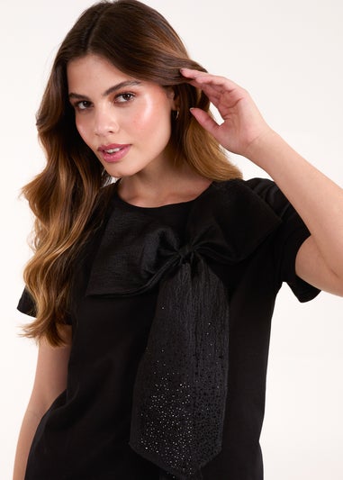 Blue Vanilla Black Embellished Bow Apllique T-shirt