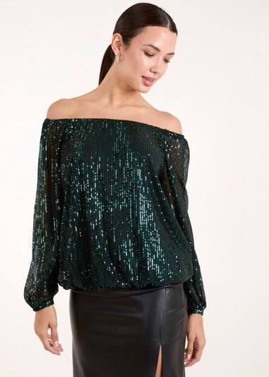 Blue Vanilla Green Elastic Neck Puffball Sequin Top