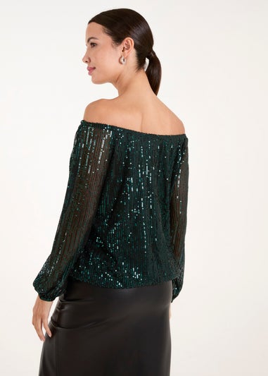 Blue Vanilla Green Elastic Neck Puffball Sequin Top