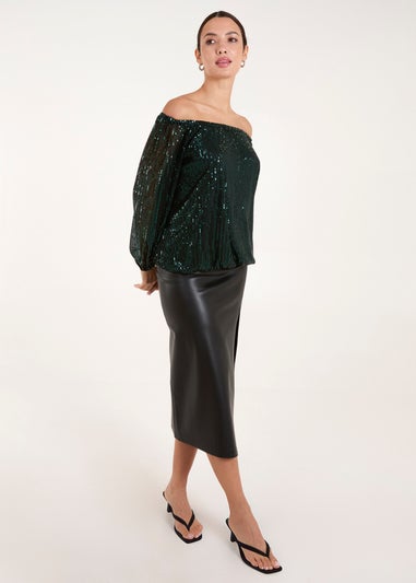 Blue Vanilla Green Elastic Neck Puffball Sequin Top