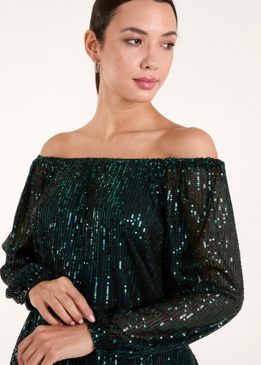 Blue Vanilla Green Elastic Neck Puffball Sequin Top