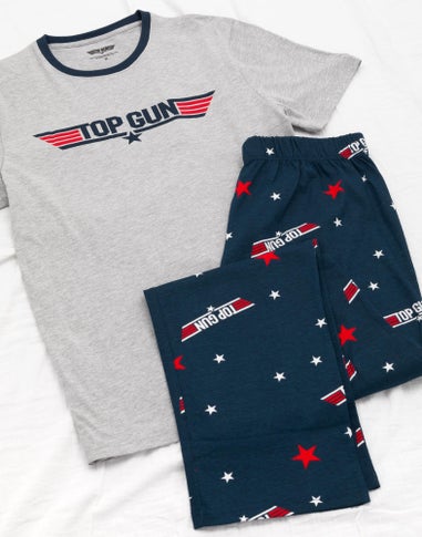 Top Gun Mens Black Logo Print Top & All Over Print Bottoms Short Sleeve Long Leg Pyjama Set