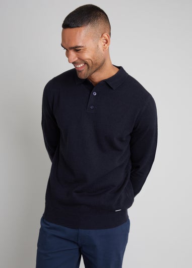 Threadbare Navy Long Sleeve Knitted Polo Jumper