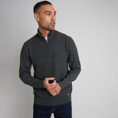 Threadbare Charcoal Basket Stitch Detail Knitted Quarter Zip Jumper