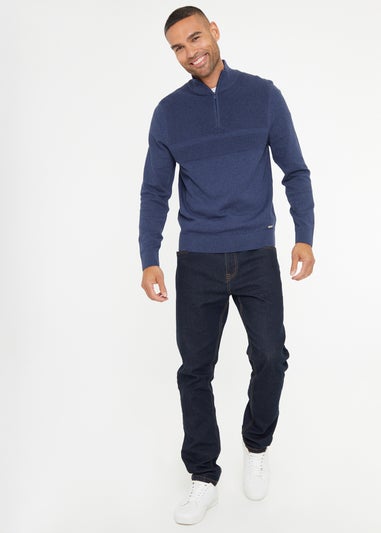 Threadbare Blue Rib Detail Crew Neck Knitted Quarter Zip Jumper