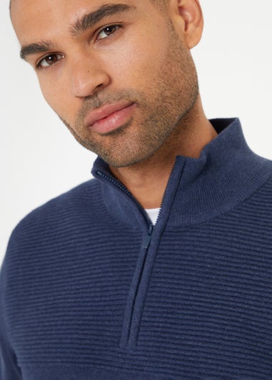 Threadbare Blue Rib Detail Crew Neck Knitted Quarter Zip Jumper