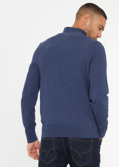 Threadbare Blue Rib Detail Crew Neck Knitted Quarter Zip Jumper