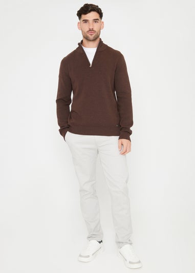 Threadbare Brown Cotton Blend Knitted Quarter Zip Jumper