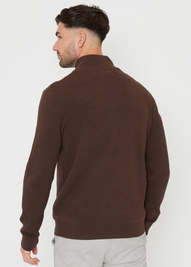 Threadbare Brown Cotton Blend Knitted Quarter Zip Jumper