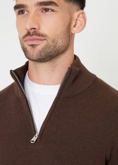 Threadbare Brown Cotton Blend Knitted Quarter Zip Jumper