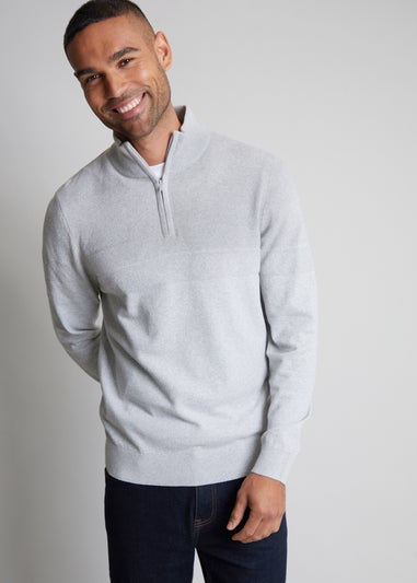 Threadbare Grey Textured Stripe Detail Quarter Zip Jumper