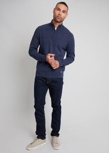 Threadbare Navy Textured Stripe Detail Quarter Zip Jumper