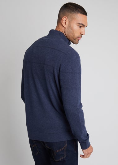 Threadbare Navy Textured Stripe Detail Quarter Zip Jumper