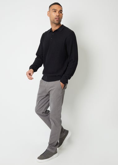 Threadbare Black Long Sleeve Textured Knit Polo Collar Jumper