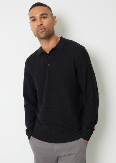 Threadbare Black Long Sleeve Textured Knit Polo Collar Jumper