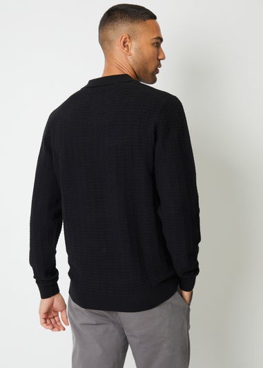 Threadbare Black Long Sleeve Textured Knit Polo Collar Jumper