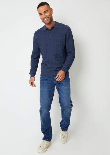 Threadbare Blue Long Sleeve Textured Knit Polo Collar Jumper