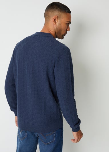 Threadbare Blue Long Sleeve Textured Knit Polo Collar Jumper