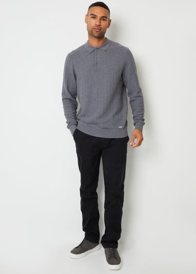 Threadbare Grey Long Sleeve Textured Knit Polo Collar Jumper