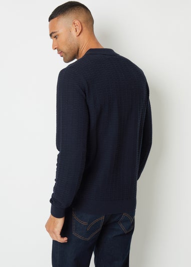 Threadbare Navy Long Sleeve Textured Knit Polo Collar Jumper