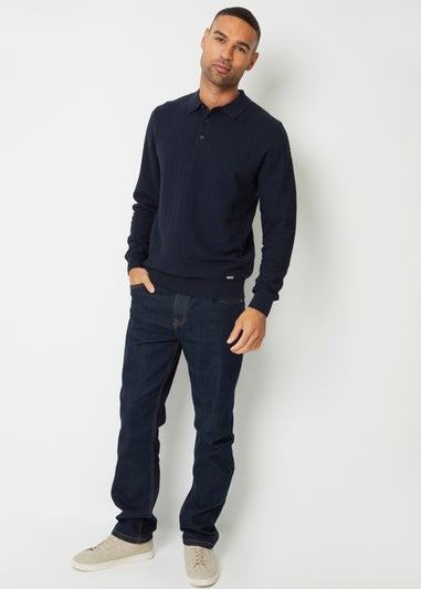 Threadbare Navy Long Sleeve Textured Knit Polo Collar Jumper