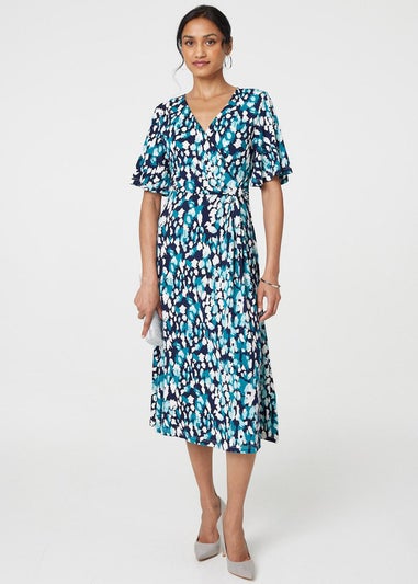 Izabel London Blue Animal Print V-Neck Midi Wrap Dress