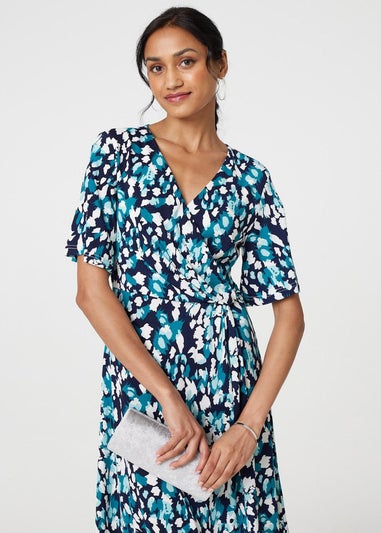 Izabel London Blue Animal Print V-Neck Midi Wrap Dress