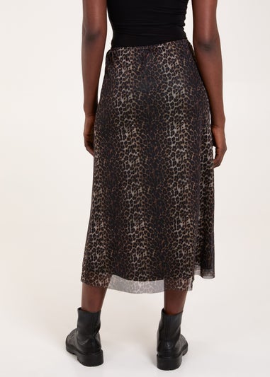 Blue Vanilla Brown Leopard Mesh Midi Skirt