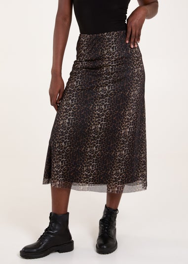 Blue Vanilla Brown Leopard Mesh Midi Skirt