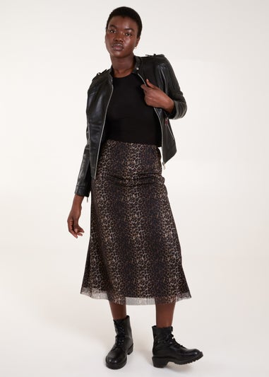 Blue Vanilla Brown Leopard Mesh Midi Skirt