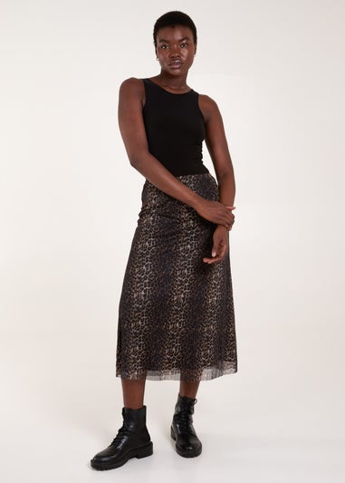 Blue Vanilla Brown Leopard Mesh Midi Skirt